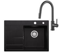 CECIPA Lavello nero 65 x 45 cm con rubinetto estraibile, lavello da cucina in granito, lavello da cucina per armadi da 40 cm di larghezza, lavabo da incasso con sifone e scarico