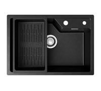 CECIPA Lavello nero 65 x 45 cm, in granito nero con cestello, moderno lavello da cucina in stile porto, montaggio dall'alto, lavabo da cucina con 2 fori - Serie SOFETIY