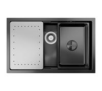 CECIPA Lavello nero 70 x 44 cm, lavello da cucina in acciaio inox, con tagliere, lavello interno di ricambio, sifone con troppopieno, lavabo da incasso senza foro per rubinetto