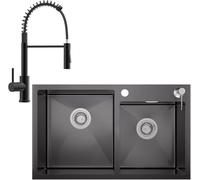 CECIPA Lavello nero 75 x 45 cm, lavello da cucina in acciaio inox, per 80 cm di larghezza, lavello con erogatore di sapone e set di troppopieno, 2 vasche da incasso con rubinetto cucina estraibile