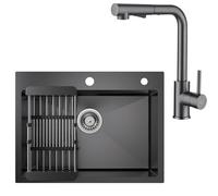 CECIPA Lavello Nero Antracite 60 x 45 cm + Rubinetto cucina con Doccetta Estraibile Grigio Nero, Lavello Cucina con Gocciolatoio e Sifone, Lavello Cucina 1 Vasca Quadrata, Lavello Incasso con 2 Fori