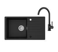 CECIPA Lavello nero con rubinetto, 78 x 45 cm, lavabo da cucina con installazione reversibile, 1 lavandino da cucina con scarico e troppopieno, da incasso a partire da 60 cm di larghezza