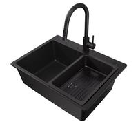 CECIPA Lavello nero con rubinetto estraibile 60 x 45 cm, lavello da cucina in granito, lavello da cucina con cestello, lavandino da cucina con sifone scarico e troppopieno