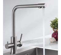 CECIPA PURE-I Rubinetto da cucina a 3 vie, Miscelatore per lavello con due uscite d'acqua: acqua filtrata e acqua calda/fredda - Beccuccio orientabile a 360° in acciaio inossidabile 304 spazzolato
