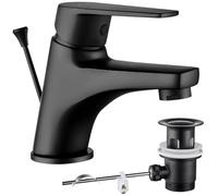 CECIPA Rubinetto da bagno nero, con tirante e scarico, miscelatore per lavabo, rubinetto da bagno con altezza di uscita 57 mm, in ottone