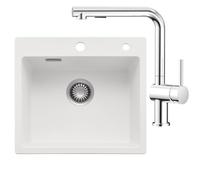 CECIPA Set di lavello bianco 50 x 45 cm con rubinetto da cucina estraibile cromato, lavello da cucina in granito 1 lavello da incasso, 80% sabbia di quarzo incluso sifone e troppopieno