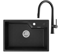 CECIPA SOFETIY SERIE - Lavello da cucina in granito, 65 x 45 cm, con rubinetto, allungabile, in granito, colore nero, da incasso, 1 lavandino da cucina