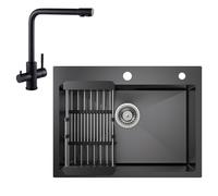 CECIPA Spülbecken Schwarz Anthrazit 60 * 45CM + 3 Wege Wasserhahn Küche, Spüle Küche mit Abtropfgestell und Siphon, Küchenspüle 1 Becken Eckig, Einbauspüle mit 2 HahnLöcher