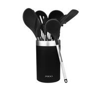 Cecotec Utensili da cucina in silicone Polka Exclusive Wood&Rock. Set di 9 pezzi nero, rivestito soft touch e manico in acciaio. Materiali: Silicone, Nylon e PP, Include titolare Polka