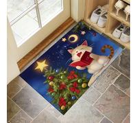 CEDNXOER Cartone Animato Albero Natale Zerbino Natalizio, Tappeto Cantando Gatto, Tappeto Cucina Antiscivolo Blu, Tappeti Natalizi per le Vacanze, Cucina, lavanderia, 50 x 80 cm