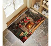 CEDNXOER Fiamme Albero Natale Zerbino Natalizio, Tappeto Stile Vintage Camino, Tappeto Cucina Antiscivolo Marrone, Tappeti Natalizi per le Vacanze, Cucina, lavanderia, 60 x 90 cm