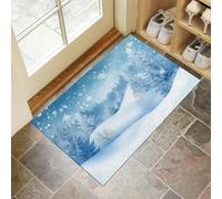 CEDNXOER Inverno Fiocchi Neve Alberi Zerbino Natalizio, Tappeto Boschi Colline, Tappeto Cucina Antiscivolo Azzurro, Tappeti Natalizi per le Vacanze, Cucina, lavanderia, 60 x 90 cm