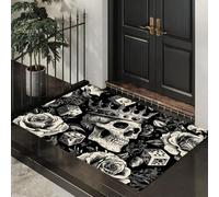 CEDNXOER Nero Zerbino Interno, Zerbino Ingresso a Pelo Corto Orrore Fiori, Tappetino Antiscivolo Lavabile in Lavatrice, Stampa Fiori Retrò Con Teschio Tappetino d'Ingresso per Cane 50 x 80 cm