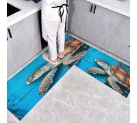 CEDNXOER Set di 2 Tappeti Cucina Antiscivolo Lavabili Tema Nautico Tartaruga Rete Da Pesca, Antifatica e Assorbenti, Tappetini Decorativi per Cucina, Corridoio, Ingresso 43×75cm+43×120cm
