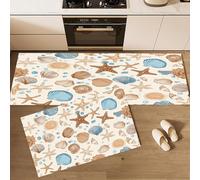 CEDNXOER Set di 2 Tappeti da Cucina Antiscivolo, Conchiglie Stelle Marine Antiscivolo Antifatica Resistente alle Macchie Cartone Animato Spiaggia, Passatoia Cucina Lavabile Tappeti, 40×60cm+40×120cm