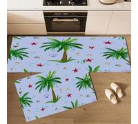 CEDNXOER Tappetini da Cucina 2 pezzi 50×80cm+50×160cm, Tappeto Cucina Antiscivolo Piante Tropicali, Antiscivolo Tappeti Albero Cocco Cartoni Animati, Lavabile, Adatto per Corridoi, Cucine, Azzurro