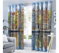 CEDNXOER Tende Oscuranti per Interni 2 Pezzi 140L x 260A cm, Tenda Blu Astrazione Città per Soggiorno, Tende Termiche Isolanti Interno Amsterdam Riflessione, Tenda Oscurante con Anelli