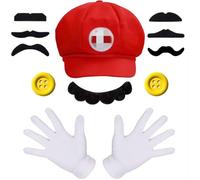 Ceeyoll Mario e Luigi Cappelli,Costume Super Mario Bambino,Mario Luigi Costume Accessori Mario Cosplay Costume,Include un Cappello Rosso di Mario, Sette baffi, Due Bottoni e un Paio di Guanti.