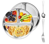 Ceeyoll Set Piatti Piani Divisi,Piatti Acciaio Inox Divisore Riutilizzabile Piatto,Piatto Diviso in Tre Per Dieta,Porta una Forchetta D'acciaio e un Cucchiaio Rotondo Per Adulti e Bambini.
