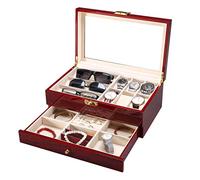 CEHJZQRPL Scatola porta orologi in legno a 6 scomparti, espositore for gioielli a 2 livelli con coperchio in vetro, cuscini rimovibili, fodera in velluto, chiusura in metallo, rosso
