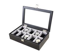 CEHJZQRPL Scatola porta orologi in legno con 6 scomparti, espositore for gioielli, con coperchio in vetro e cuscini for orologi rimovibili, fibbia in metallo bloccabile.(Black)