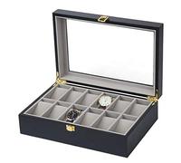 CEHJZQRPL Scatola portaoggetti for orologi a 12 scomparti con vassoio for accessori, esterno in legno, fodera interna morbida con 12 cuscini, chiusura in metallo