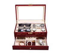 CEHJZQRPL Scatola portaoggetti for orologi a 6 scomparti, espositore for gioielli a 2 livelli, con vassoio for accessori, cuscini rimovibili e fibbia in metallo, rosso