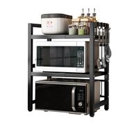 CEIEVER - Mensola espandibile per forno a microonde, allungabile, 40-64 cm, con 6 ganci, pratica mensola da cucina per piano di lavoro, scaffalatura da forno (nero, 2 strati)