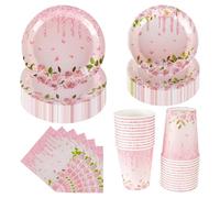 CEILIWEN Set da tavola per feste con motivo floreale, 100 pezzi, piatti di carta per feste da tè, bicchieri e tovaglioli, forniture per feste rosa pastello, per 25 ospiti