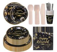 CEILIWEN Set di 201 Pezzi di Forniture per Festa di Pensionamento - Piatti e Tovaglioli di Carta Stoviglie Festa Nera e Oro per Uomini