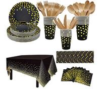 CEILIWEN - Set di 201 pezzi per feste a tema nero e oro, include piatto, tazza, cannuccia, tovaglia, tovagliolo, forchetta, coltello, cucchiaio, set da tavola per feste di compleanno (25 ospiti)