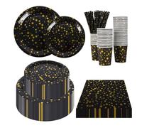 CEILIWEN Set di articoli per feste per 50 ospiti, colore nero e oro, con stelle dorate, stoviglie usa e getta per feste, include piatti da 22,8 cm, piatti da 17,8 cm, tovaglioli, tazza, paglia, 250
