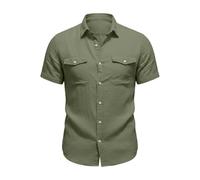 Celanisai Camicia da lavoro da uomo a maniche lunghe, in cotone e lino, con tasche, tinta unita, per il tempo libero, non necessita di stiratura, camicia da uomo traspirante, O verde dell'esercito
