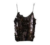 Celanisai Canotta sexy con paillette, da donna, per danza del ventre, con nappe glitterate, con allacciatura al collo, per bustino, costume da danza boho, festival, abbigliamento latino, O nero