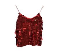 Celanisai Canotta sexy con paillette, da donna, per danza del ventre, con nappe glitterate, con allacciatura al collo, per bustino, costume da danza boho, festival, abbigliamento latino, O rosso