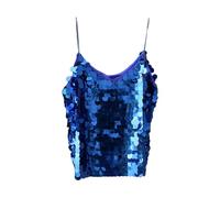 Celanisai Canotta sexy con paillette, da donna, per danza del ventre, con nappe glitterate, con allacciatura al collo, per bustino, costume da danza boho, festival, abbigliamento latino, O blu