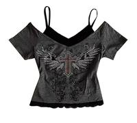 Celanisai Emo Grunge - T-shirt vintage Y2k Crop Top, senza pancia, 2 pezzi, con stampa a croce Steampunk Gothic, abbigliamento per bambini, tè attillato, top Hip Hop Harajuku Streetwear, O grigio., S