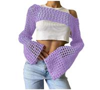 Celanisai Maglione da donna Y2k Crochet da donna, a maniche lunghe, in tinta unita, con scollo rotondo, per scavare, per lo streetwear gotico, punk, senza spalle, strappato, O viola, XL