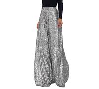 Celanisai Pantaloni da donna con paillette, pieghettati con brillantini, a vita alta, in tessuto, a gamba larga, per il tempo libero, eleganti culottes, O argento, M