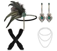 Celanisai Set di Accessori da Donna Stile 1920s Flapper 4 Pezzi, Abbigliamento Great Gatsby Charleston Costume 1920 Accessori Set Fascia, Guanti, Collana, Orecchini per Festa Roaring 20s Party Prom, O