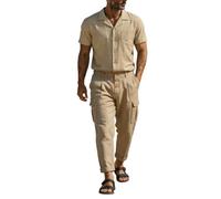 Celanisai Tuta estiva da uomo in cotone e lino, 2 pezzi, oversize, comoda camicia e pantaloni in lino, camicia a maniche corte e gamba dritta, pantaloni cargo leggeri e traspiranti, O kaki, XXXL