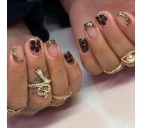 Celblisora 24 unghie dorate French Tip press-on, floreali, quadrate, con design leopardato 3D, riutilizzabili, acrilico artificiale