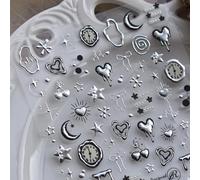 Celblisora Adesivi per unghie argentati, decalcomanie con cuori e stelle dal design metallico, in rilievo 5D, adesivi autoadesivi per orologi, accessori charm per donne