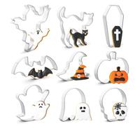 Celblisora Set di 9 stampi per biscotti per Halloween, in acciaio inox, metallo, per Halloween, a forma di zucca, fantasmi, pipistrello, gatto nero, cappello da strega, teschio, bara