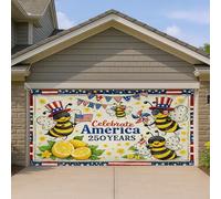 Celebrate America, copertura per porta del garage, decorazione patriottica con api divertenti, design giallo limone, decorazione per interni ed esterni, 4 luglio, 390 x 180 cm