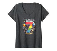 Celebrazione del Numero Fortunato di Sette Anni di Compleanno di 7 Maglietta con Collo a V, Donna, Grigio Scuro, M