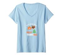 Celebrazione della minaccia di Festa Tripla di Happy Hallothanksmas Maglietta con Collo a V, Donna, Celeste, L