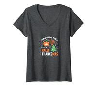 Celebrazione della minaccia di Festa Tripla di Happy Hallothanksmas Maglietta con Collo a V, Donna, Grigio Scuro, XL