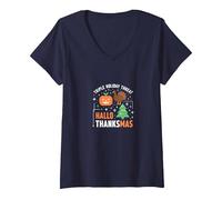 Celebrazione della minaccia di Festa Tripla di Happy Hallothanksmas Maglietta con Collo a V, Donna, Navy, M