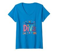 Celebrazione della Scuola della Stella della Corona della Diva di Terza Maglietta con Collo a V, Donna, Zaffiro, M